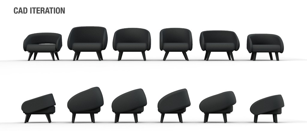 CAD iteration grid showing six front and side views of the Cody chair form