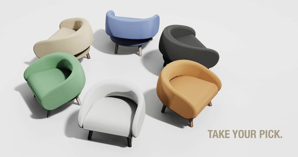 Six Cody accent chairs in different fabric colors arranged in a circle