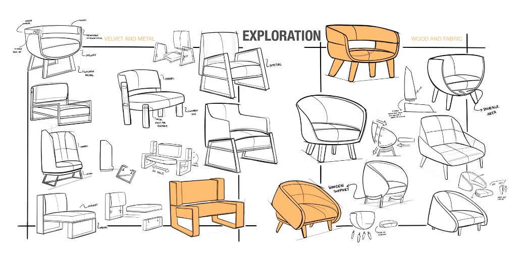 Exploration sketches comparing velvet and metal chair concepts with wood and fabric alternatives