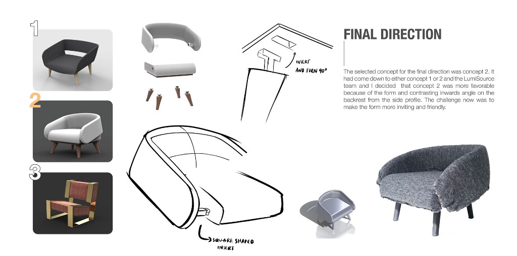 Final direction board with three concepts, assembly details, and grey bouclé prototype photo