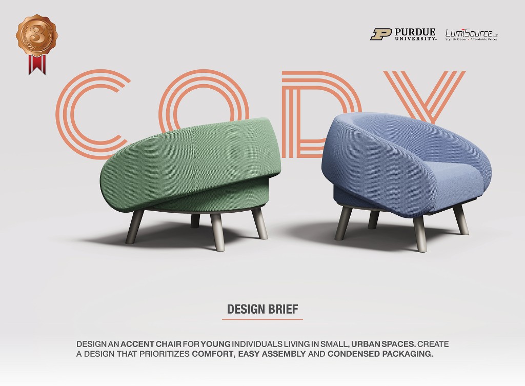 Cody accent chair in sage green and periwinkle blue with design brief, Purdue and LumiSource logos