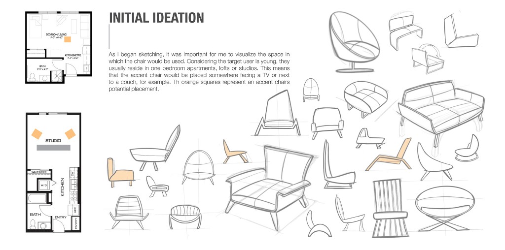 Initial ideation with apartment floor plans and hand-drawn accent chair concepts