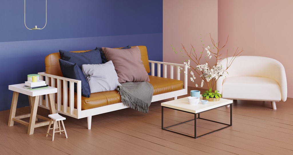 3D interior render of a modern living room with Cody accent chair beside a sofa