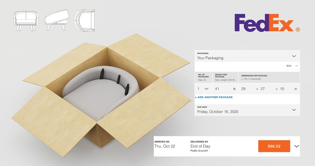 Flat-pack Cody chair in shipping box with FedEx packaging dimensions and delivery quote
