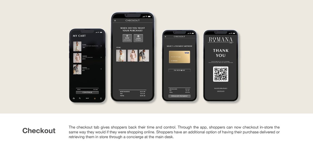 Romana app checkout flow from cart to payment and QR code pickup