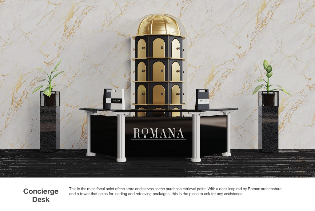 3D render of the Romana concierge desk with spinning package retrieval tower