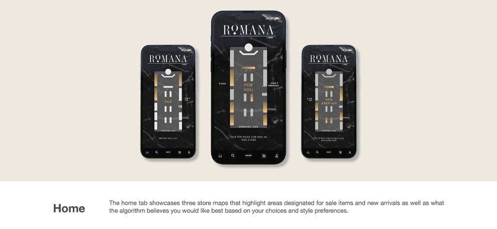Romana app home tab showing interactive store maps for sale, for you, and new arrivals