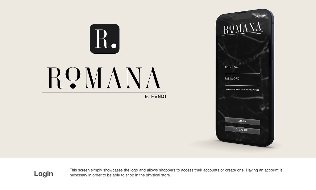 Romana by Fendi logo and login screen on a black marble background