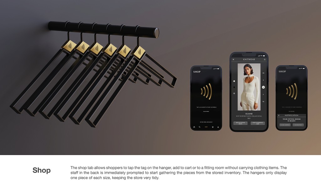 Romana shop tab with NFC smart hangers and mobile product and fitting room screens