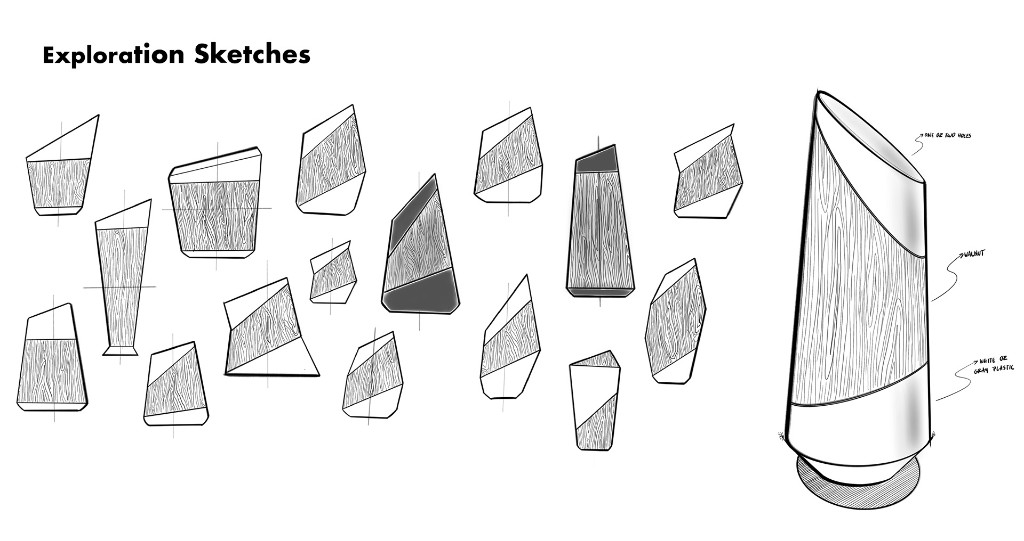 Exploration sketches of Salina shaker forms with walnut and plastic annotations