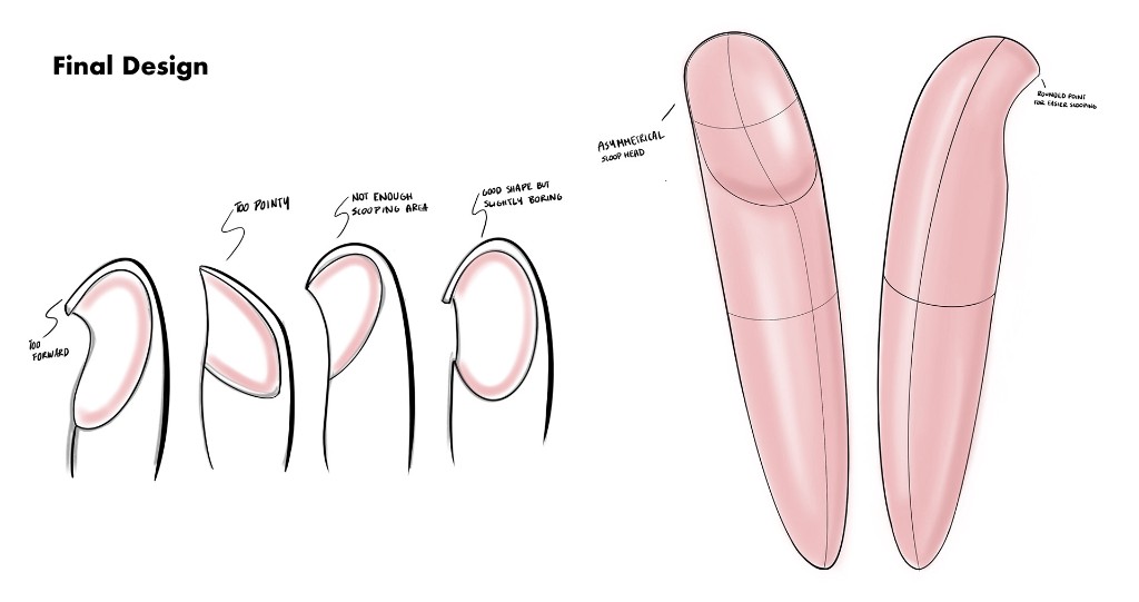 Final design board comparing rejected scoop head concepts with the selected pink Scoopi form