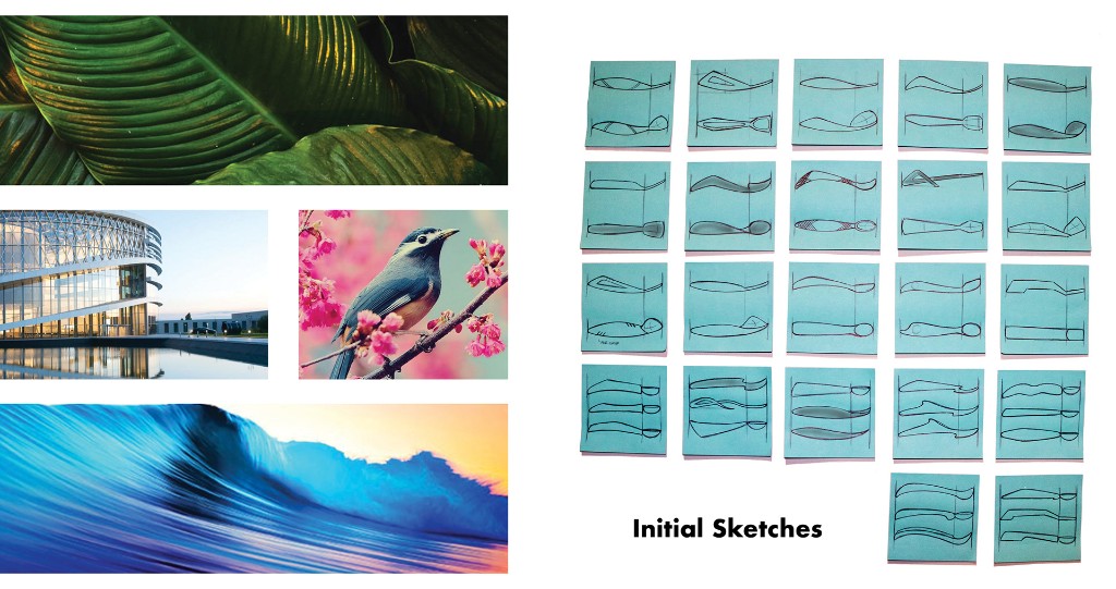 Scoopi inspiration mood board and grid of initial sticky-note sketches