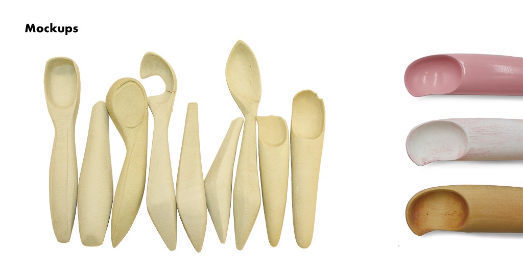 Row of Scoopi foam prototypes and close-ups of finished pink, white, and wood finishes