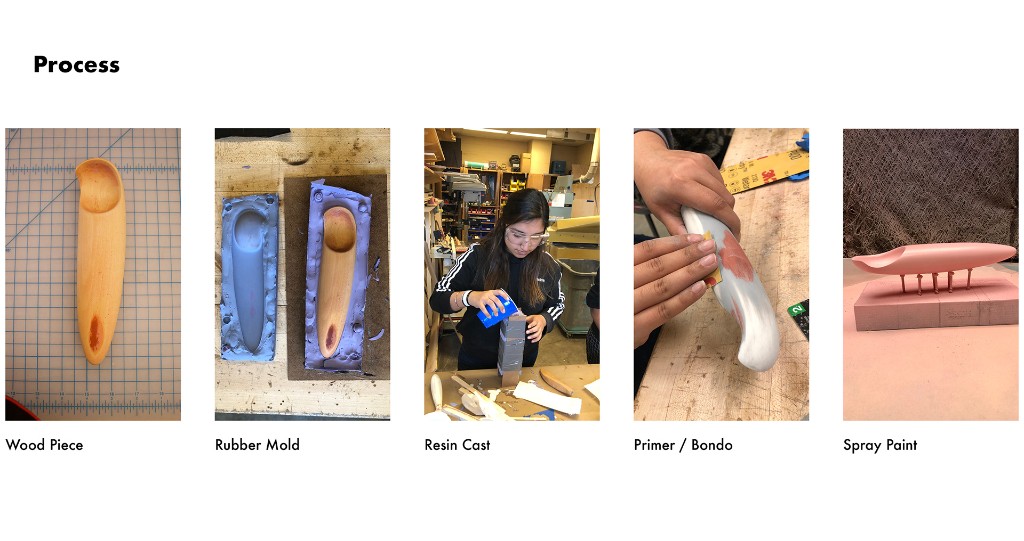 Scoopi making process from wood piece through rubber mold, resin cast, primer, and spray paint