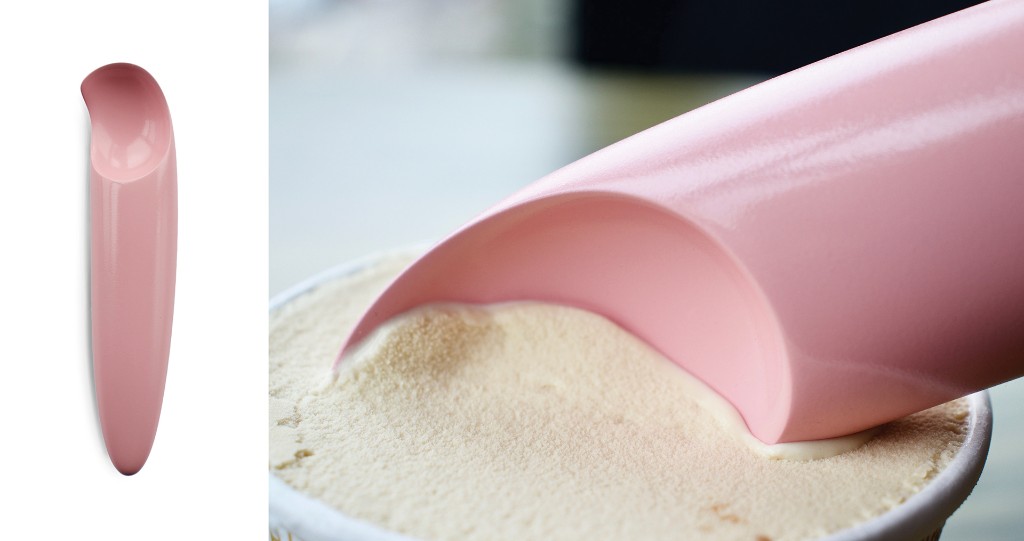 Scoopi product on white background and close-up scooping vanilla ice cream