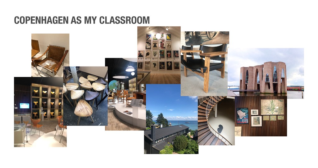 Collage of Copenhagen design inspiration including furniture showrooms, architecture, and gallery visits