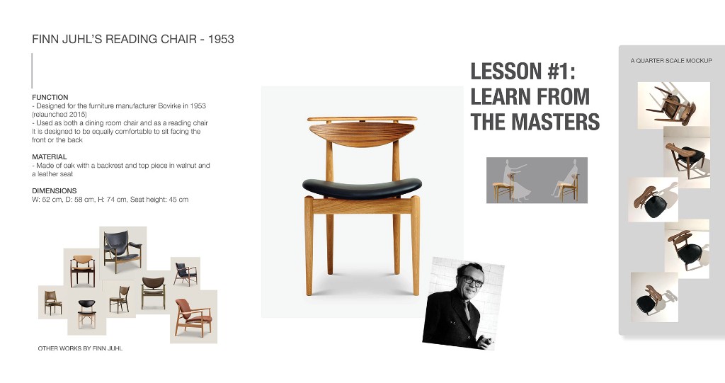 Finn Juhl Reading Chair case study with specifications, mockups, and design research