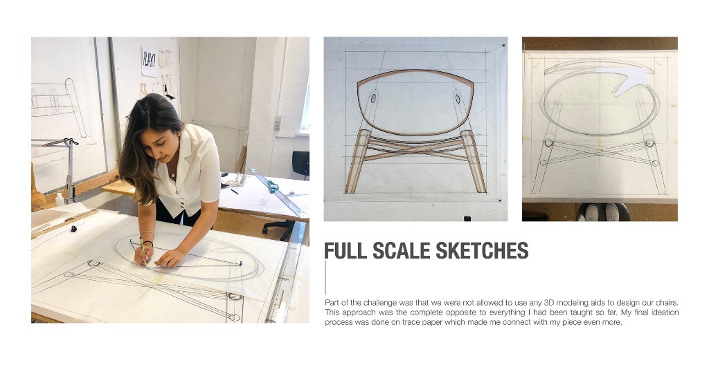 Designer working on full-scale chair sketches on a drafting table