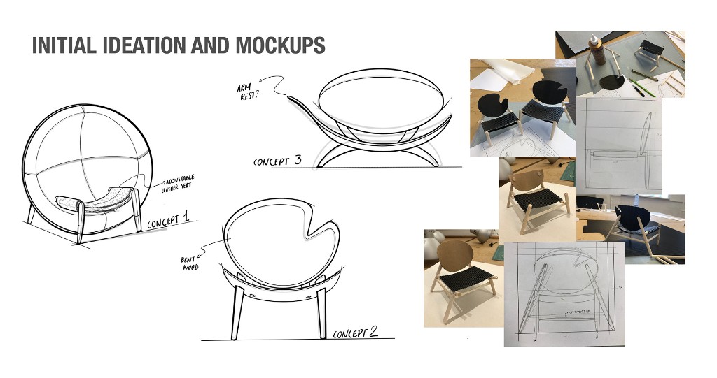 Hand-drawn chair concepts and small-scale wooden mockups
