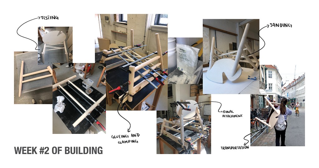 Week two building process including clamping, sanding, final attachment, and transportation