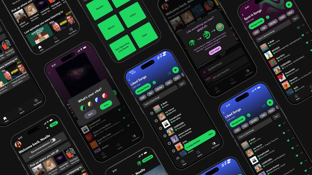 Spotify mobile redesign mockups showing home customization, Spot-It, liked songs, and playlist features