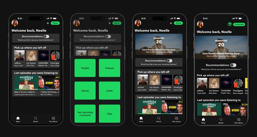Spotify home screen customization with category grid and event banner modules