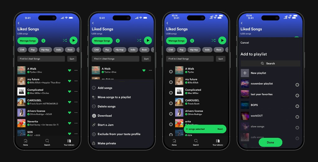 Liked songs management flow with filters, multi-select, and add to playlist