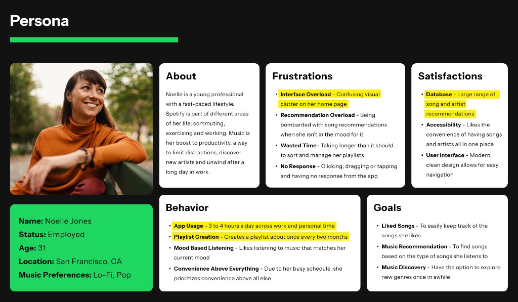 User persona for Noelle Jones including frustrations, goals, behavior, and music preferences