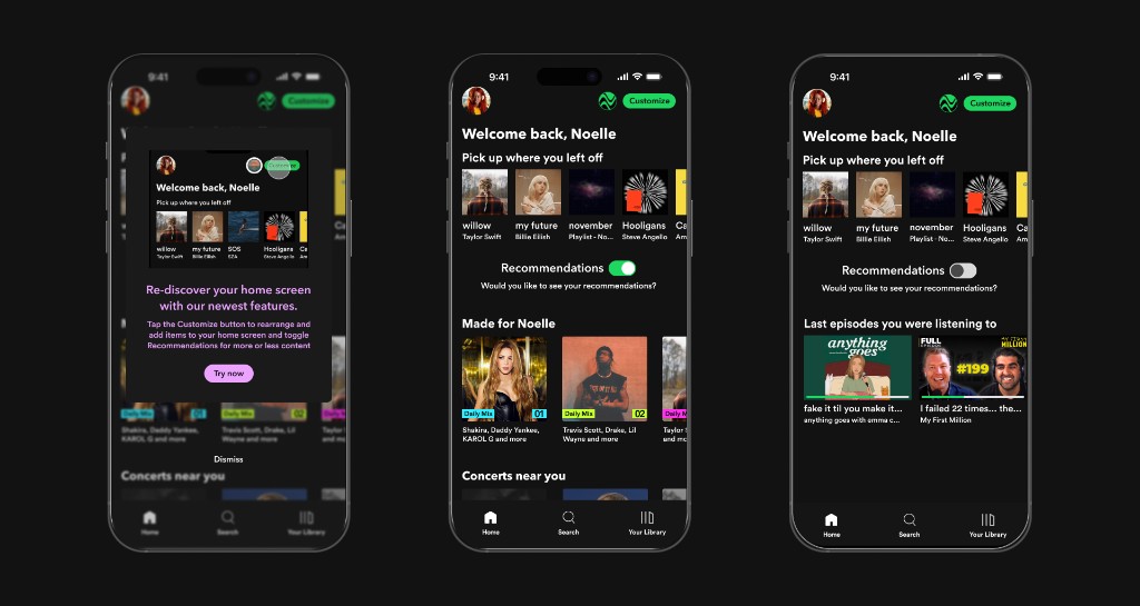 Spotify home screen with recommendations toggle on and off states