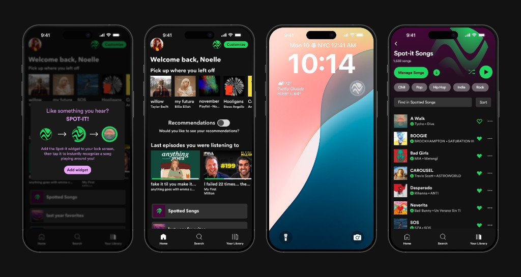 Spot-It song recognition feature with lock screen widget and spotted songs playlist