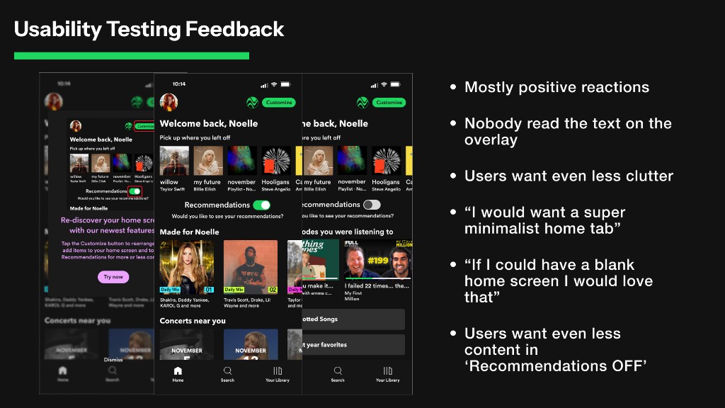 Usability testing feedback on Spotify home screen customization and recommendations toggle