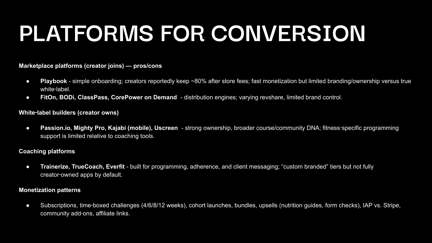 Platforms for conversion including marketplace, white label, and coaching platforms