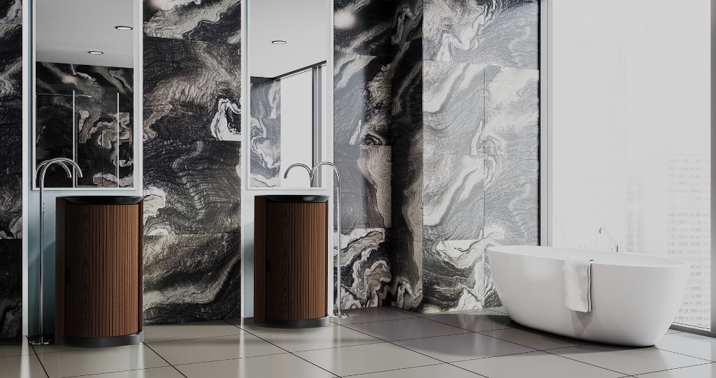 Stili sinks in a luxury bathroom with marble walls and city views