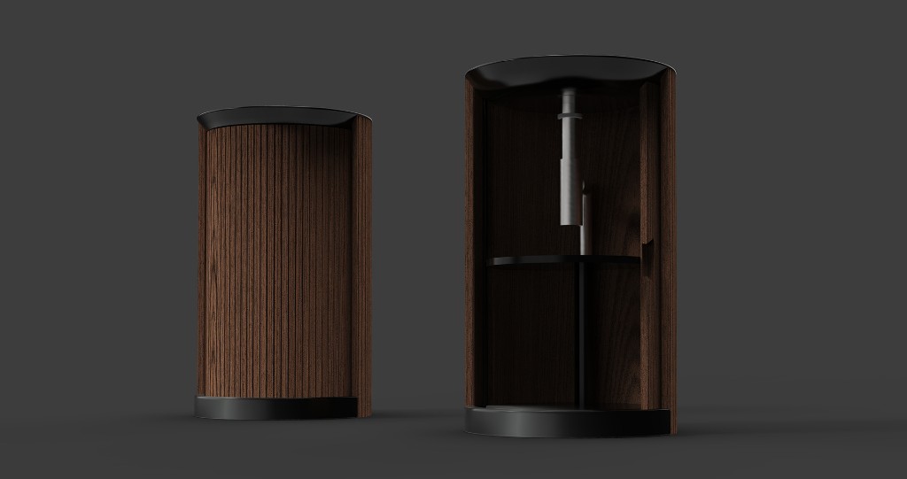 Stili cabinet closed and open showing sliding slatted door and interior shelf