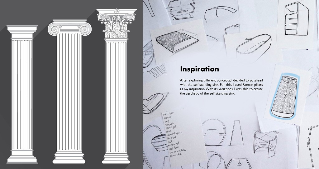 Stili inspiration board with Roman column orders and freestanding sink sketches
