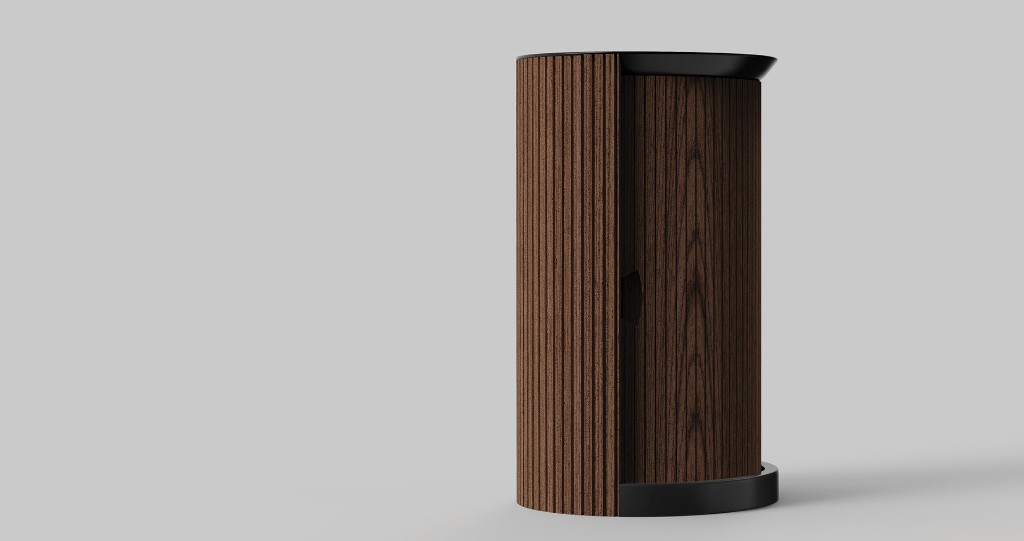 Stili cabinet showing fluted walnut slats and smooth wood grain sections