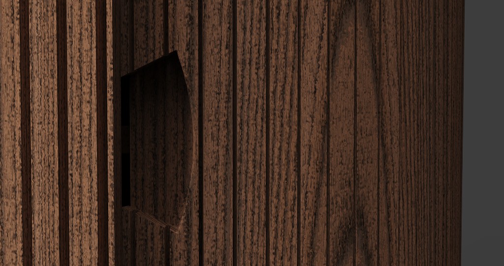 Close-up of Stili walnut slat door with integrated handle cutout