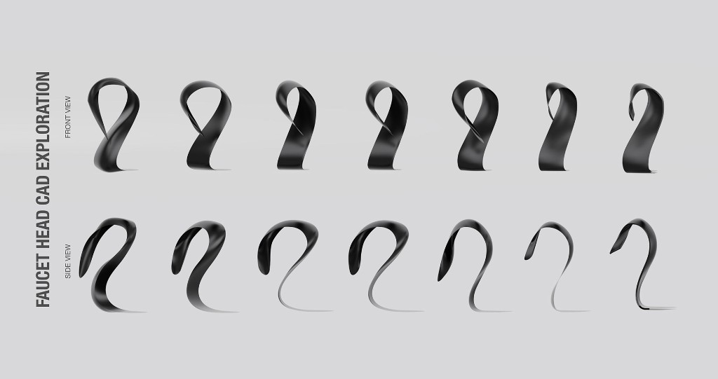 Faucet head CAD exploration showing front and side view iterations
