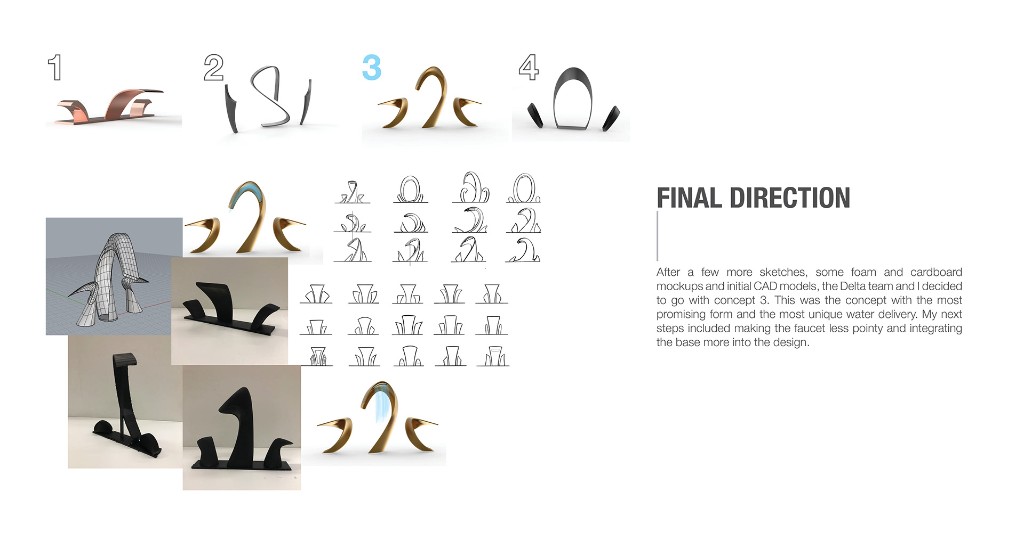 Final direction board with four concepts, sketches, CAD wireframe, foam mockups, and water flow render