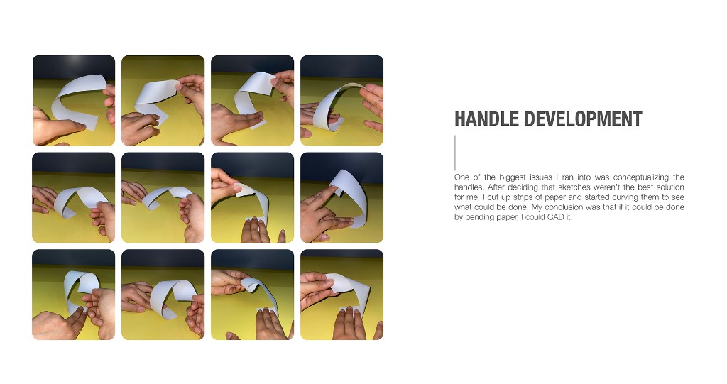 Grid of paper strip handle bending studies on a yellow surface