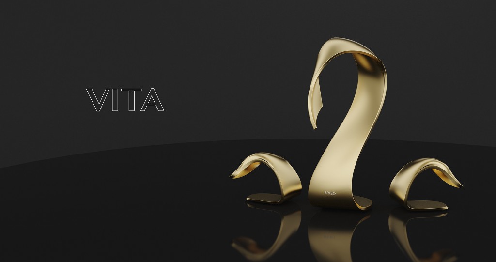 Vita gold faucet and handles on a black reflective surface