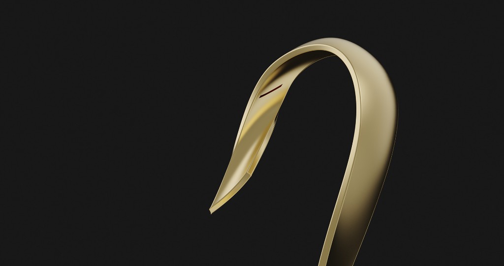 Side profile detail of the Vita faucet spout in gold on a dark background