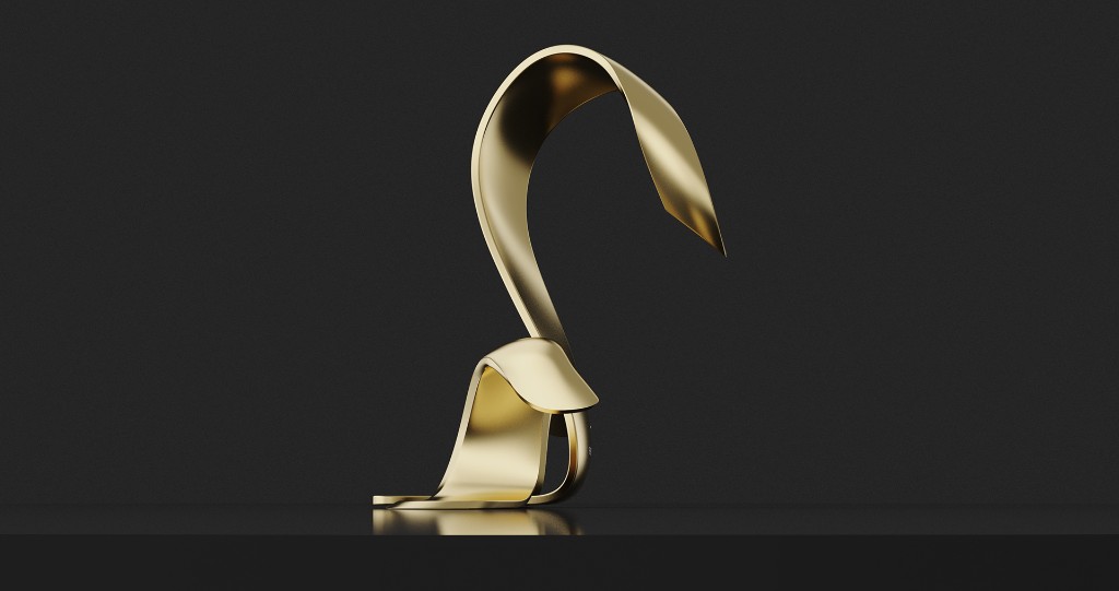 3D render of the Vita gold faucet with ribbon-like curved spout on a dark reflective surface