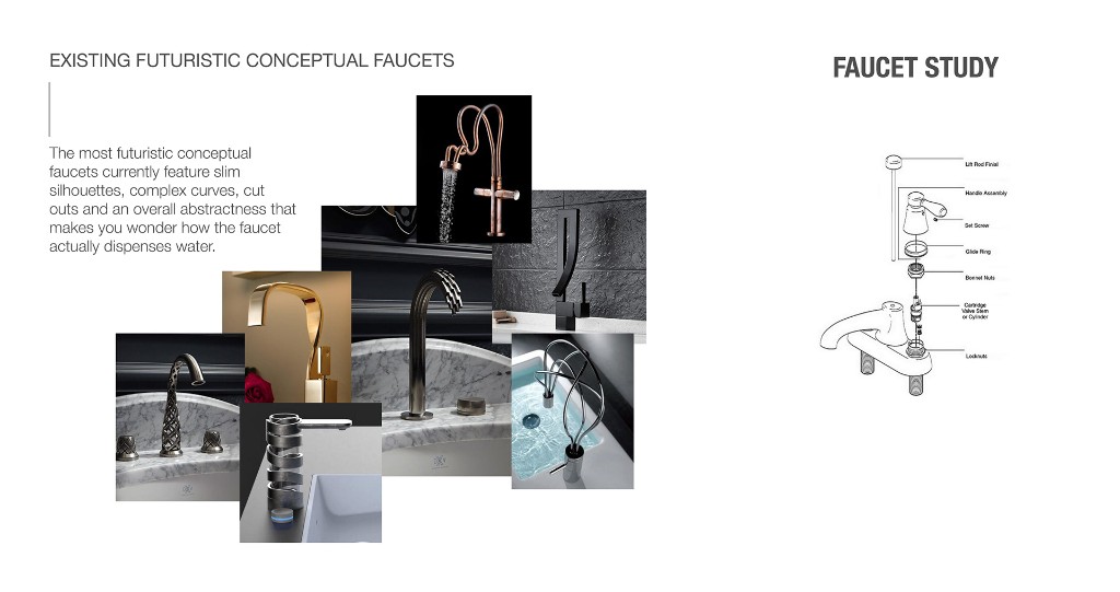 Collage of futuristic faucet concepts and exploded faucet assembly diagram