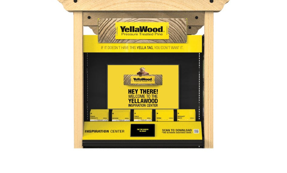 YellaWood inspiration center kiosk with dual screens and brochure racks